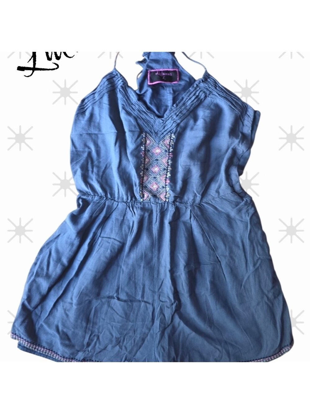 Luluvia Halter Romper Blue Embroidered Large. #SHO40 - Picture 3 of 11